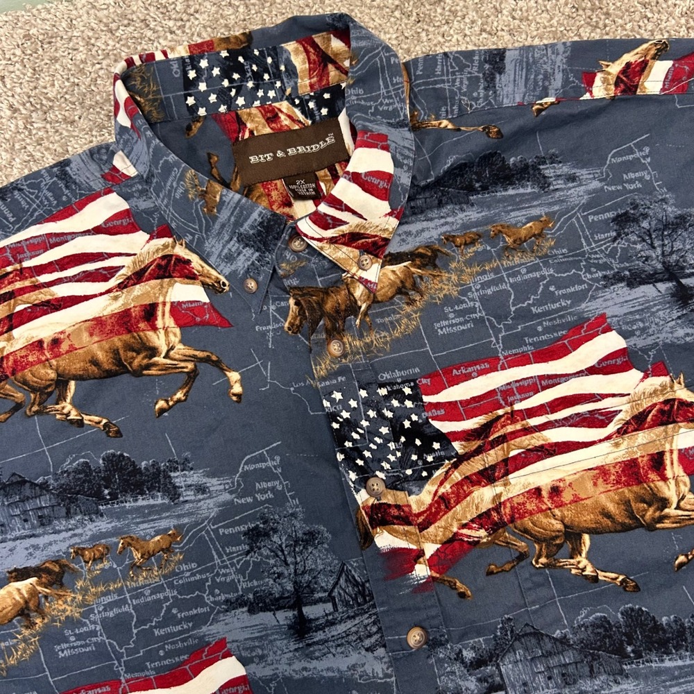 Bit & Bridle 2X Horse American Flag Shirt Western Equestrian USA Map Button Down
